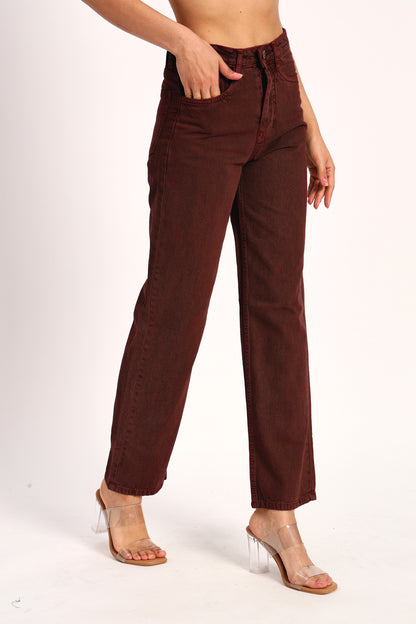 Brown Denim Straight Fit Wide Leg Jeans