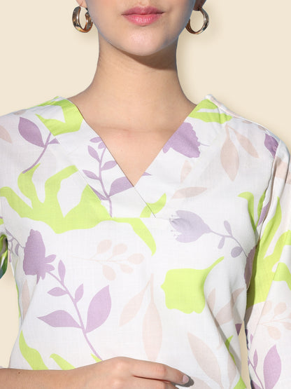 Leafy Printed Linen V-Neck Tunic