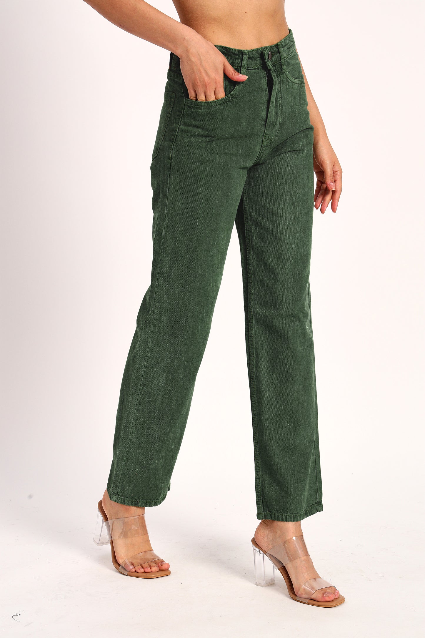 Bottle Green Denim Straight Fit Wide Leg Jeans