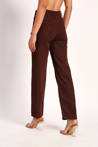 Brown Denim Straight Fit Wide Leg Jeans