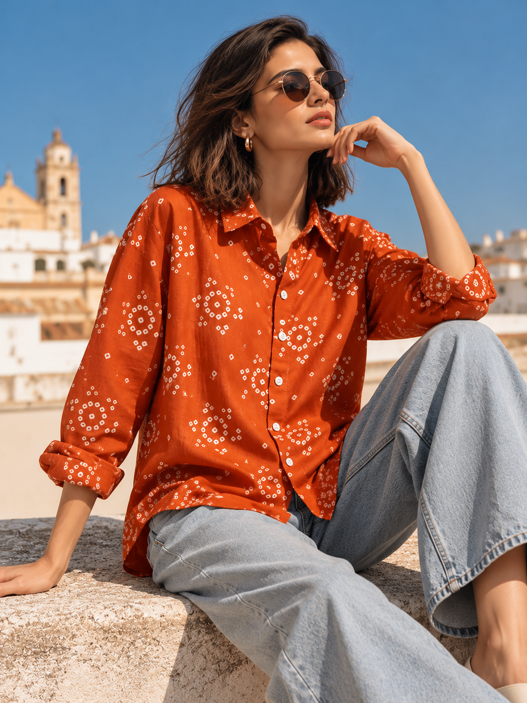 Orange Bandhani Mul Cotton Shirt