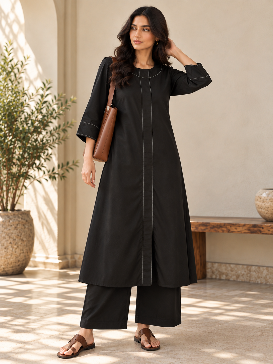 Black Poplin Kurta Set