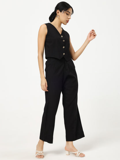Black - Linen Blend Waistcoat And Trousers Co-Ord Set