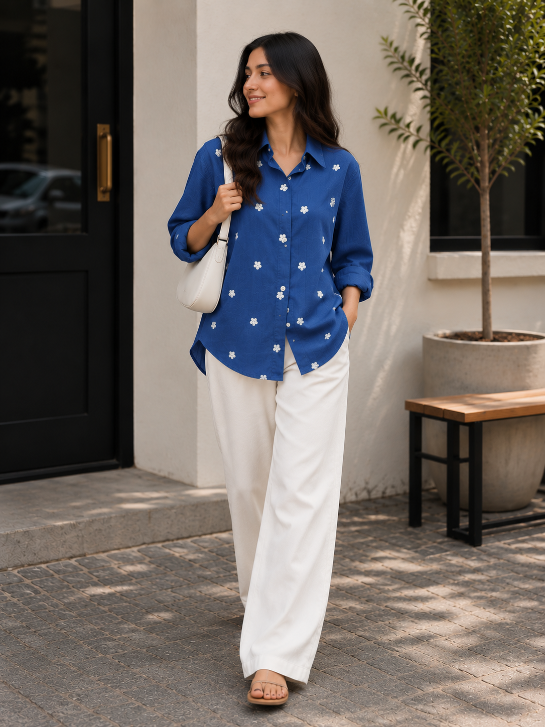 Royal Blue Floral Embroidered Shirt