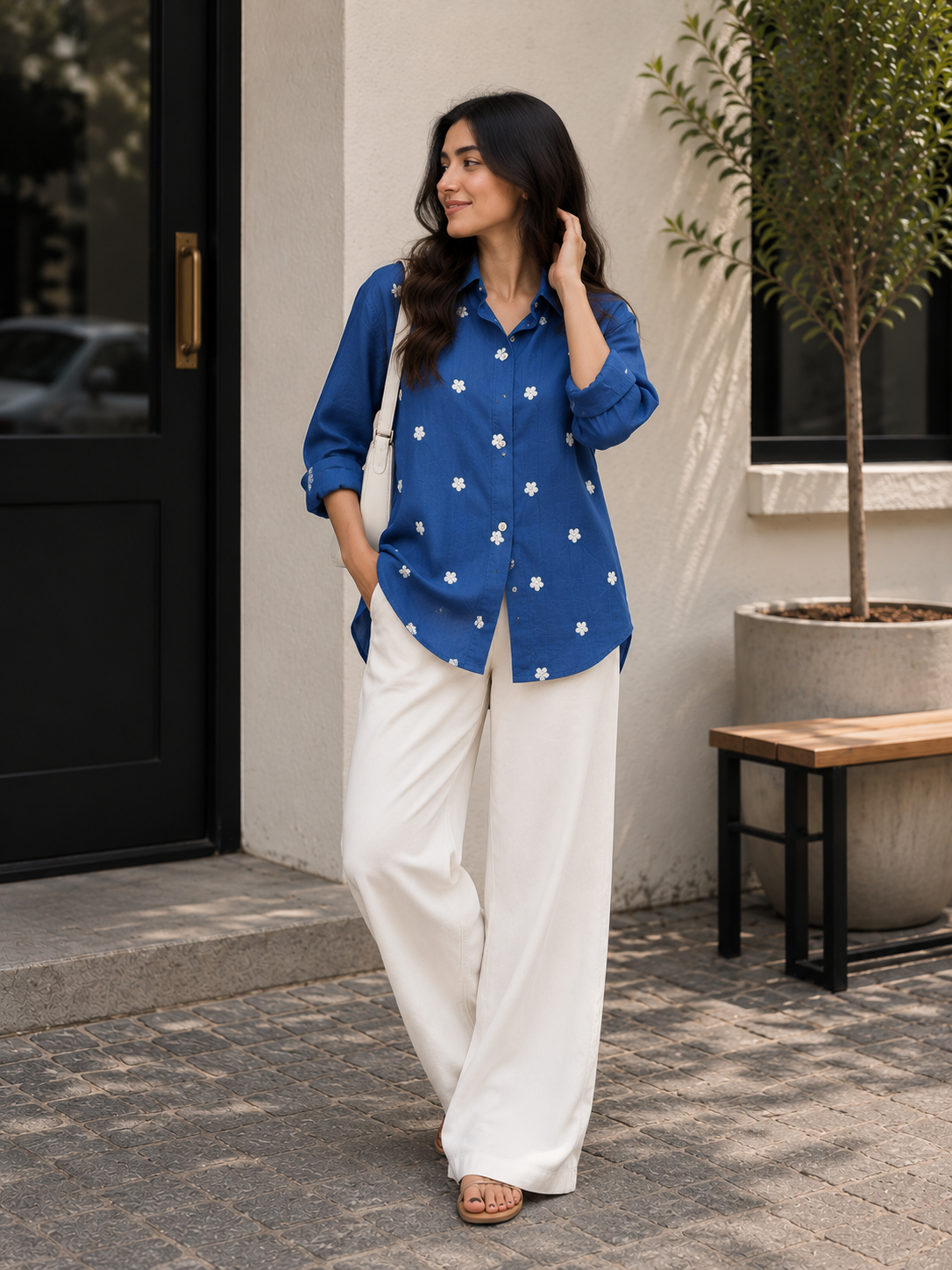 Royal Blue Floral Embroidered Shirt