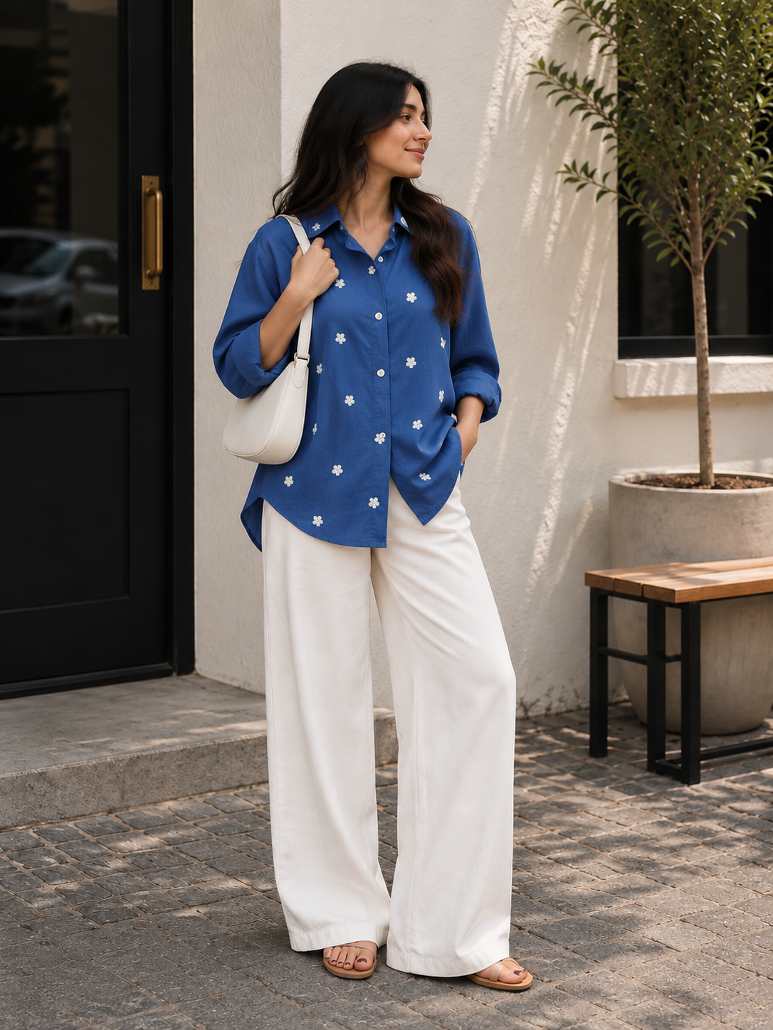 Royal Blue Floral Embroidered Shirt