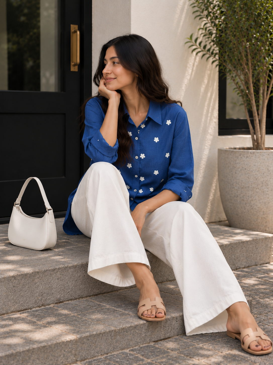 Royal Blue Floral Embroidered Shirt