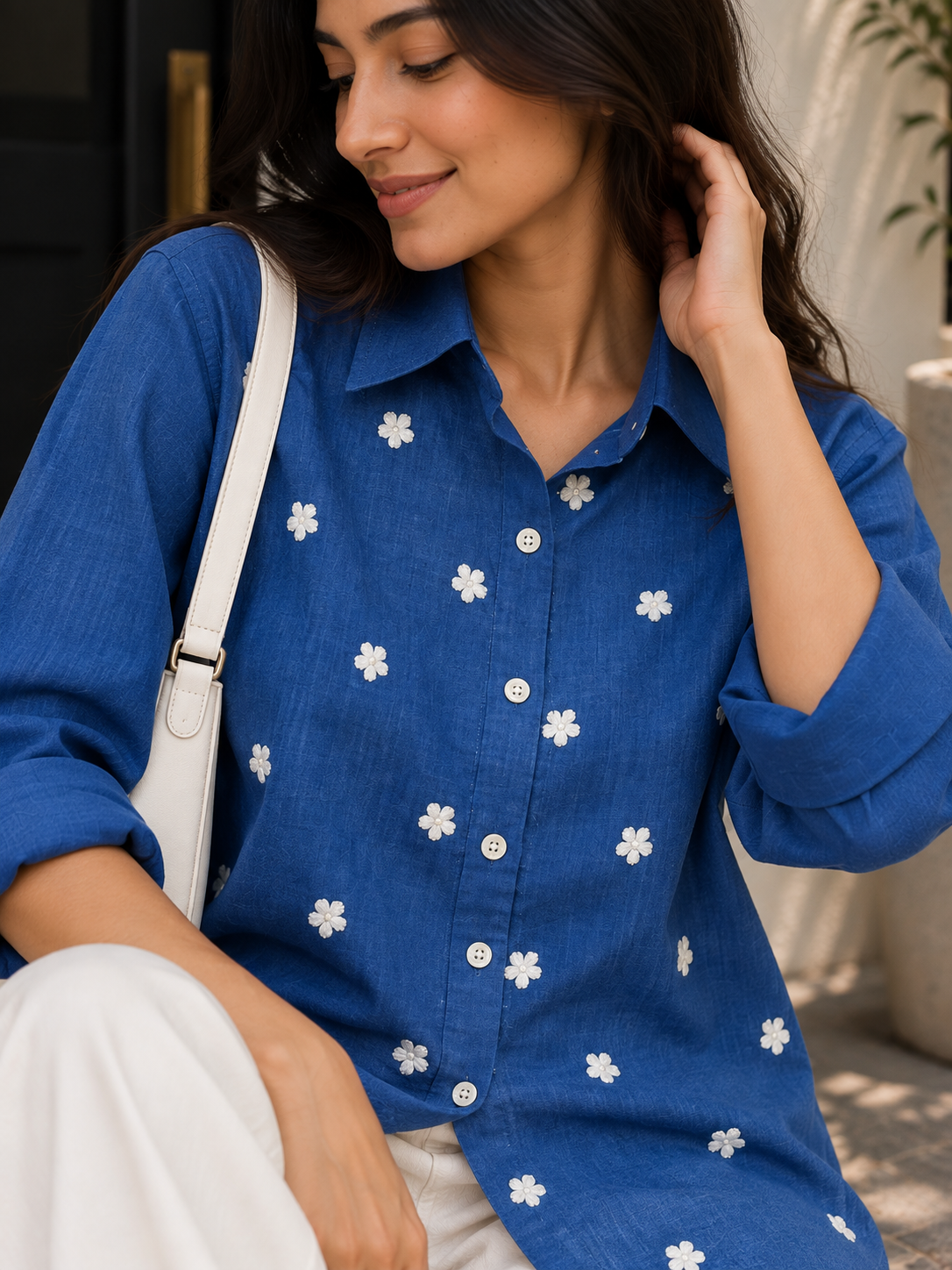 Royal Blue Floral Embroidered Shirt