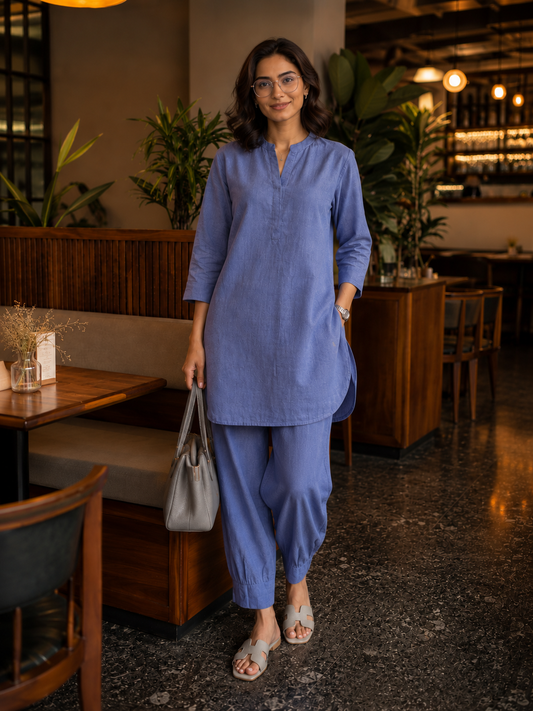 Mandarin Collar Mid-Length Kurta Set – Cobalt Blue