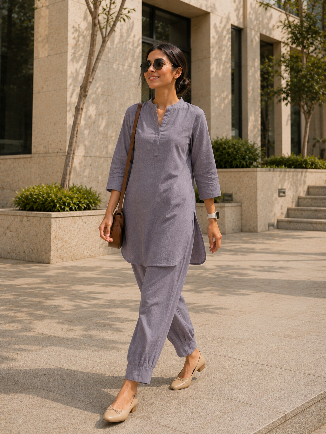 Mandarin Collar Mid-Length Kurta Set – Slate Grey