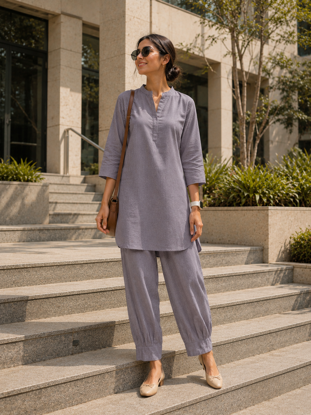 Mandarin Collar Mid-Length Kurta Set – Slate Grey