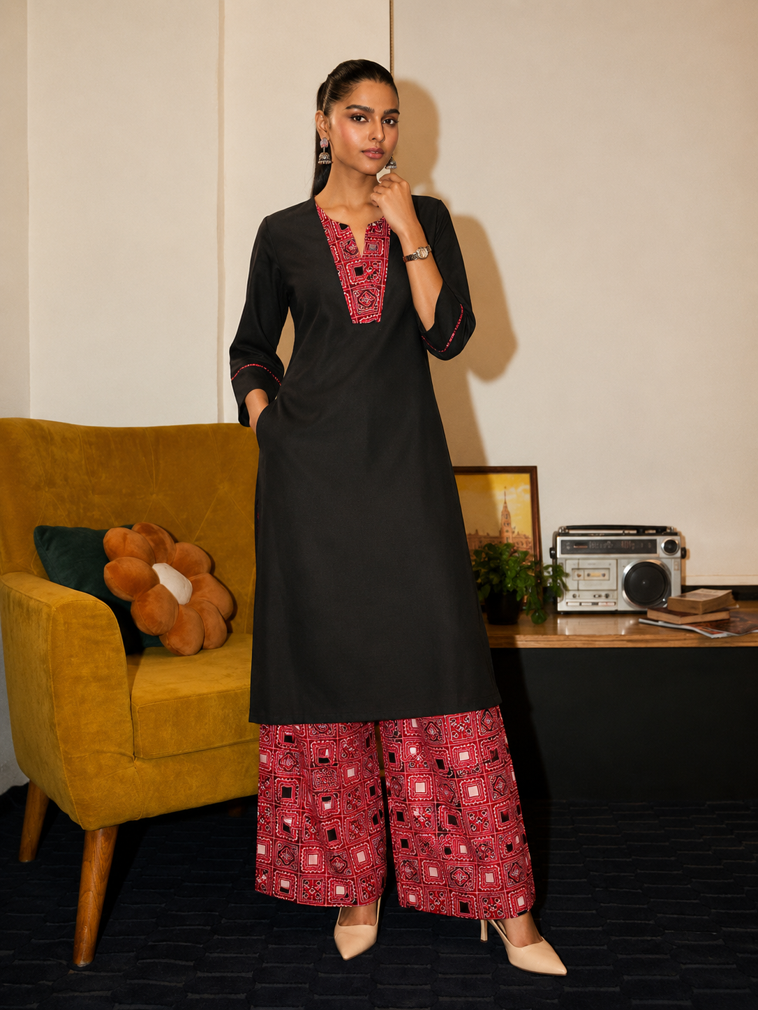 SURKH – Black Printed Kurta Set