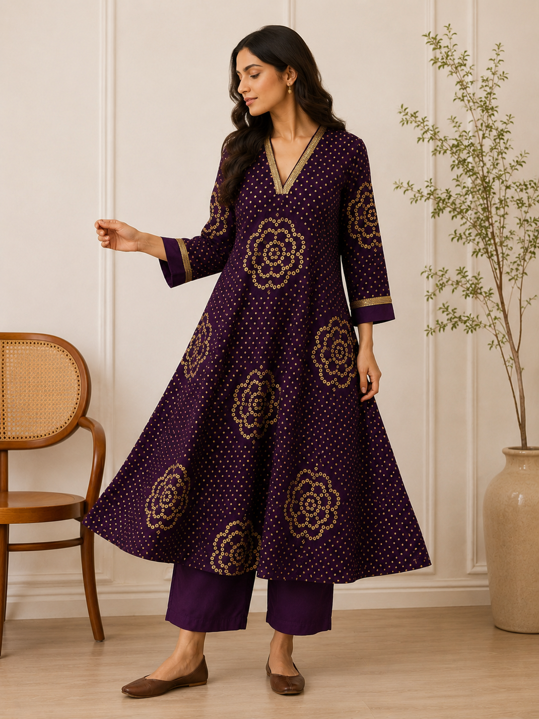 LEHER – Purple Bandhani A-Line Kurta Set