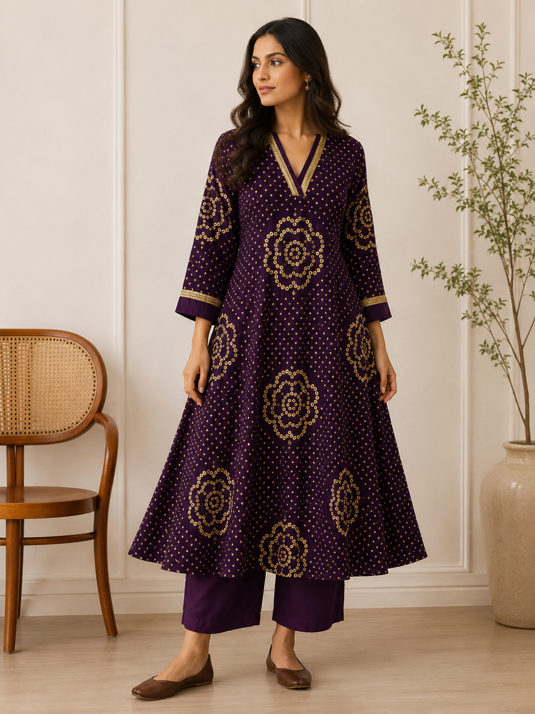 LEHER – Purple Bandhani A-Line Kurta Set