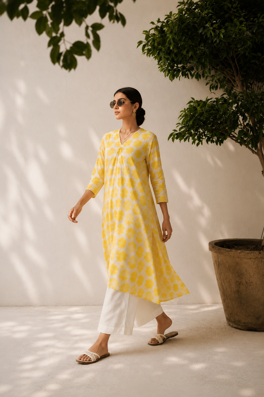 BAHAR– Yellow Printed A-Line Kurta Set
