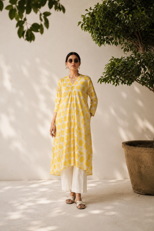 BAHAR– Yellow Printed A-Line Kurta Set