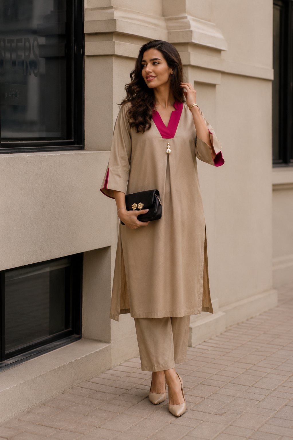 SAHRA Sand Kurta Set with Rose Neckline