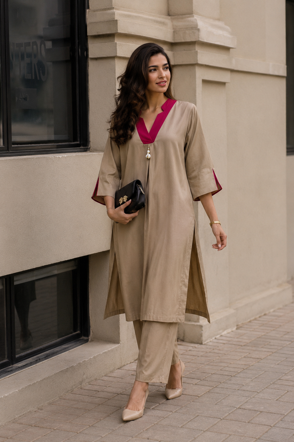 SAHRA Sand Kurta Set with Rose Neckline