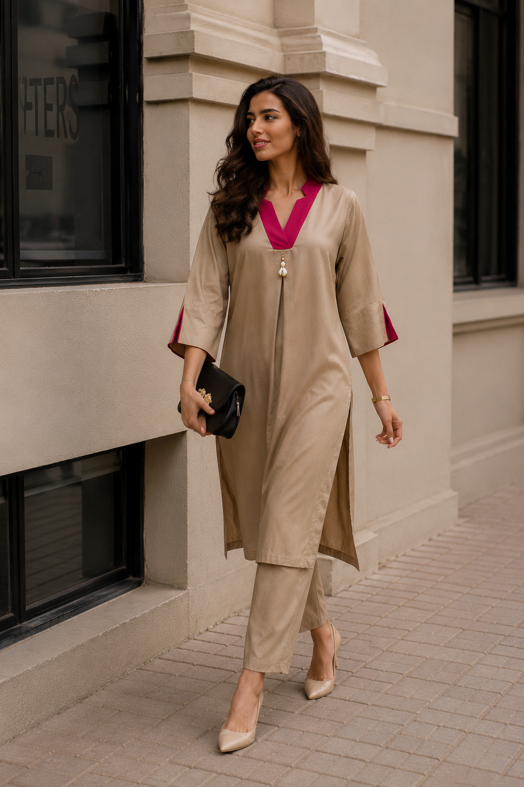 SAHRA Sand Kurta Set with Rose Neckline