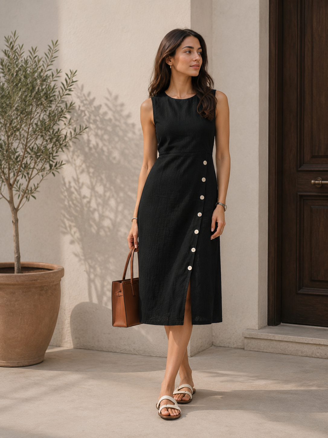 Black Buttoned A-Line Dress