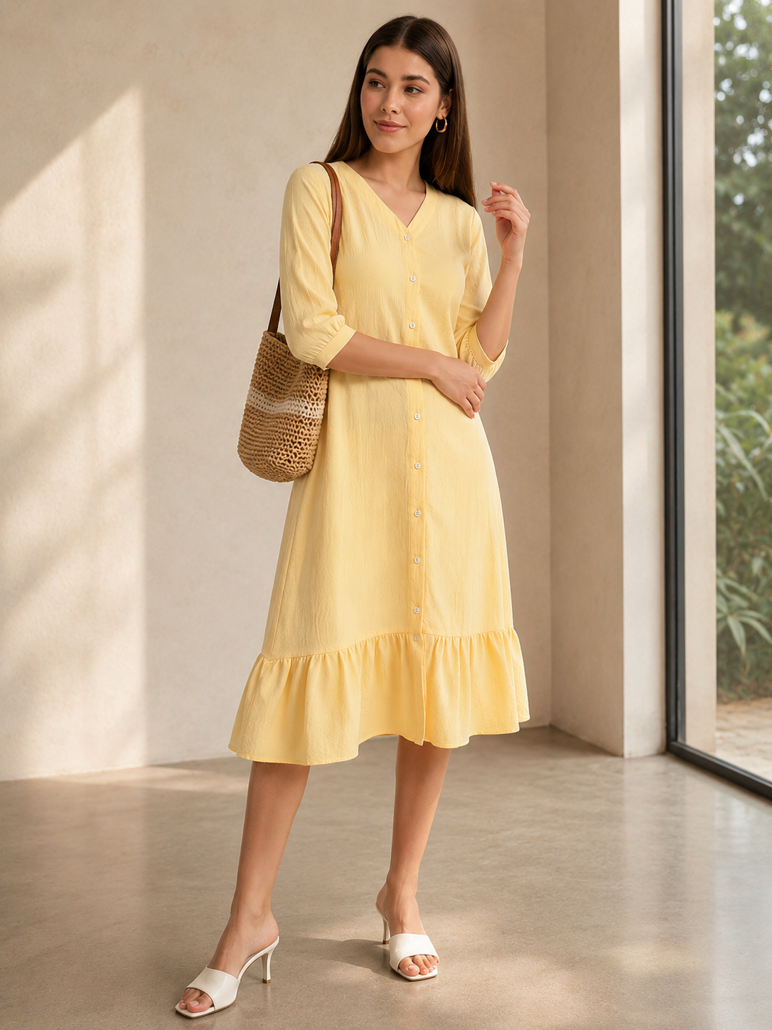 Wrinkle Yellow A-line Dress