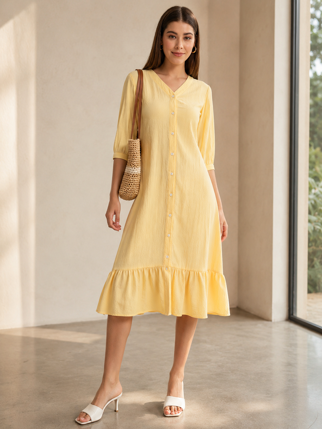 Wrinkle Yellow A-line Dress