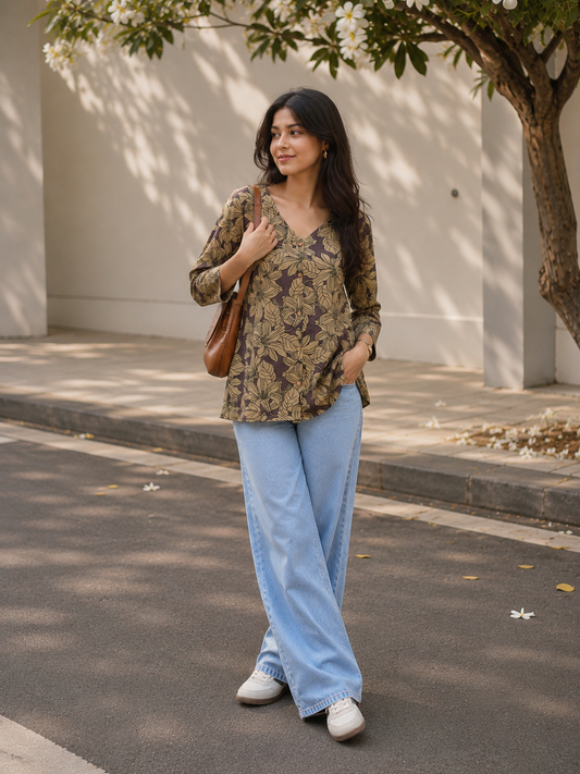 Dusty Plum Floral V Neck Shirt