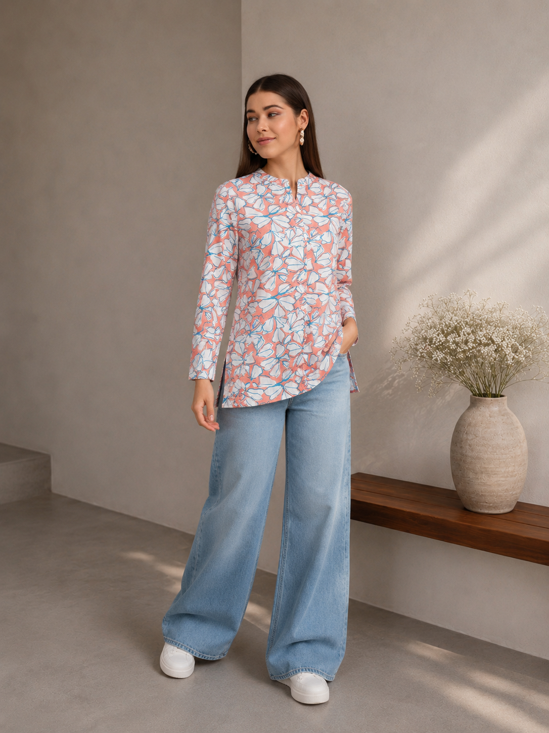 Floral Mandarin Collar Linen Shirt
