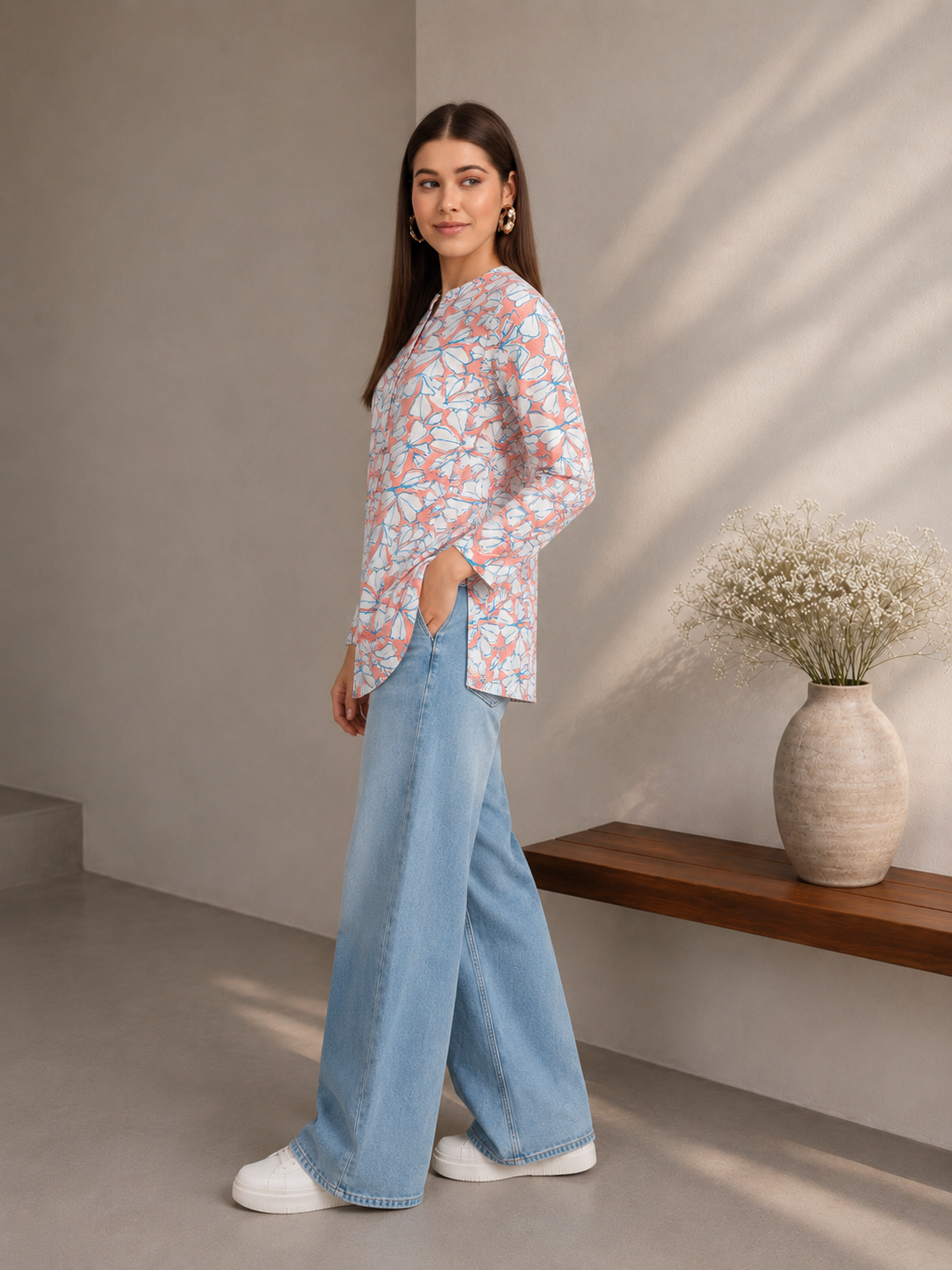 Floral Mandarin Collar Linen Shirt