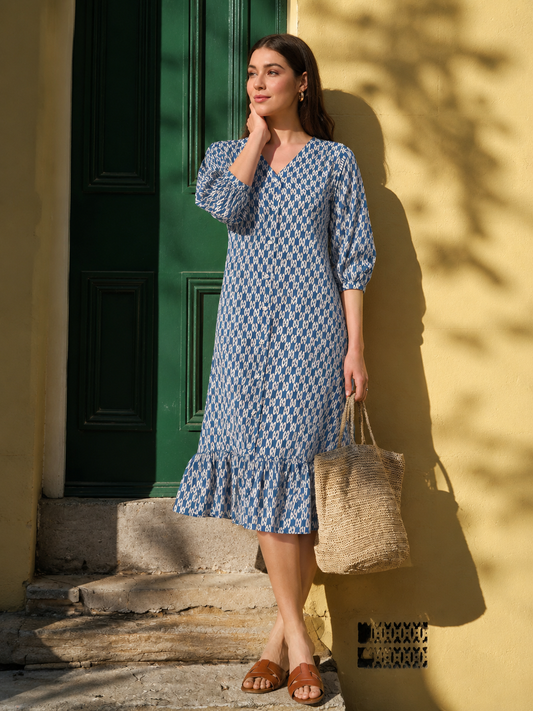 Navy Blue Printed A-line Dress
