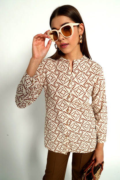 Printed Beige Mandarin Collar Shirt