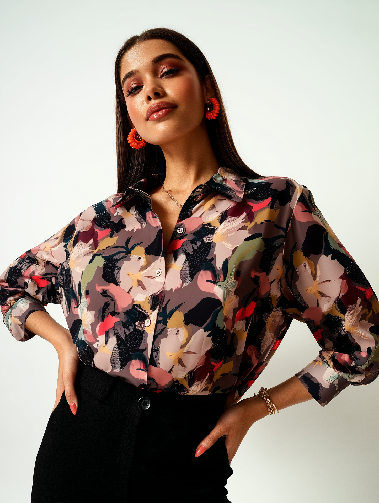 Brown Floral Print Satin Shirt