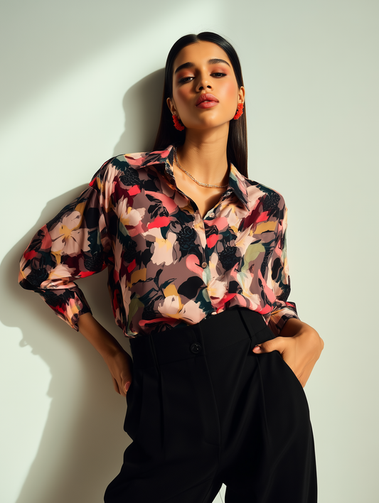 Brown Floral Print Satin Shirt
