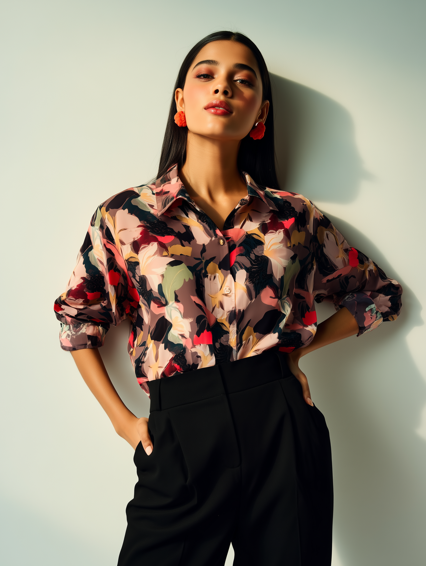 Brown Floral Print Satin Shirt