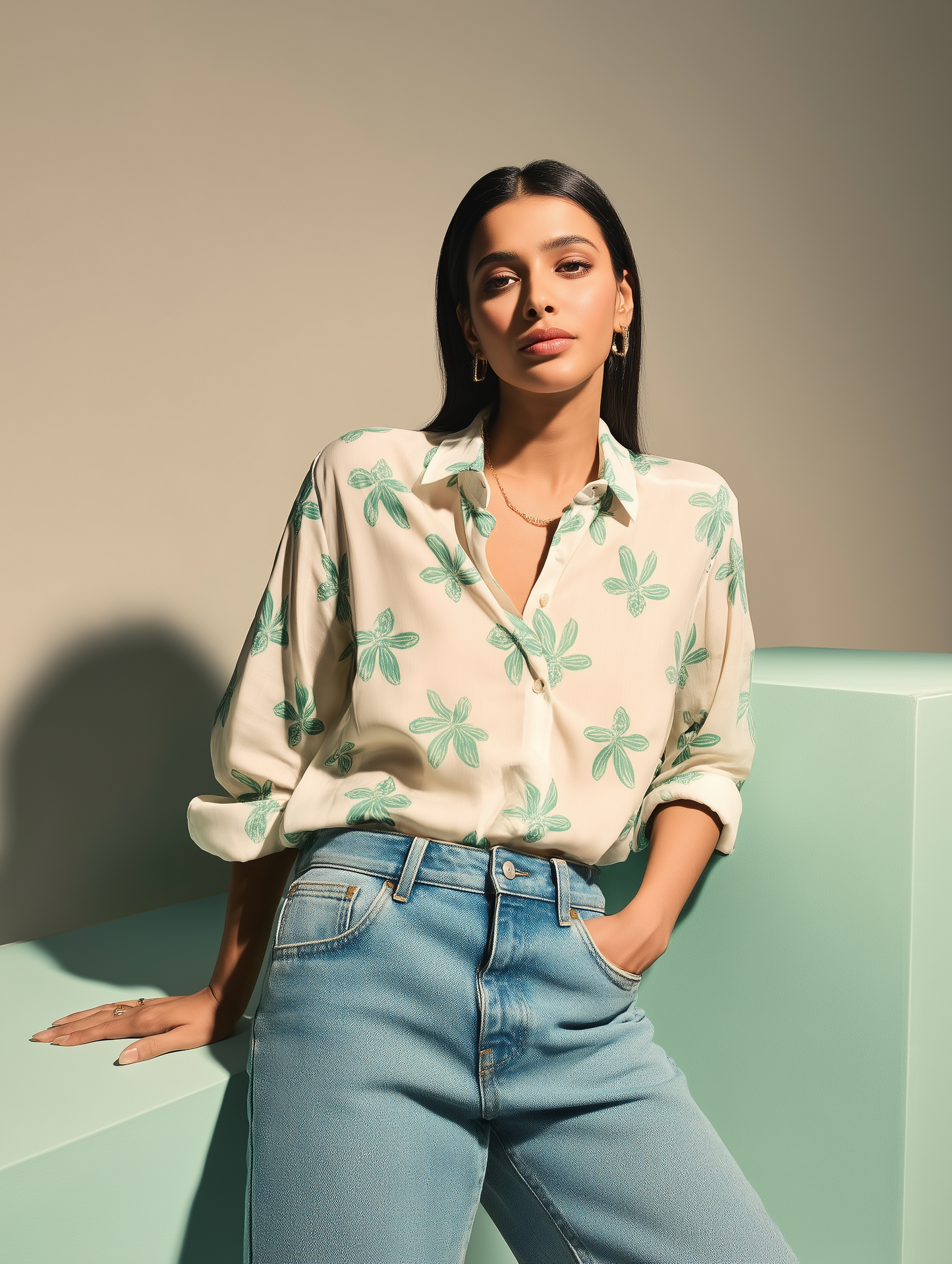 Off White Floral Print Shirt