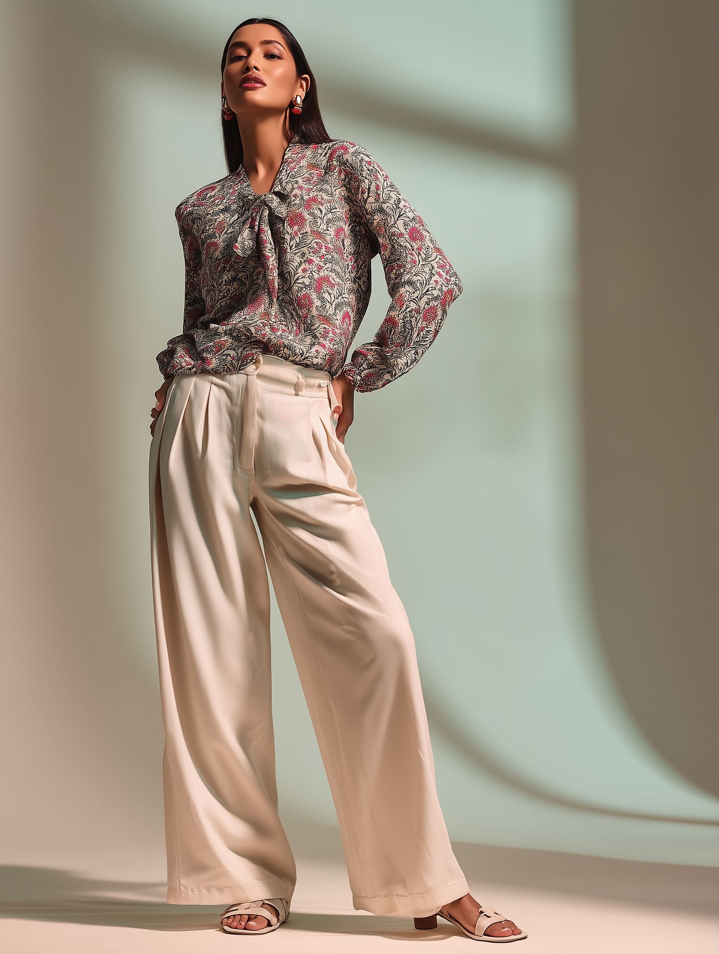 Damask Floral Print Bow Shirt