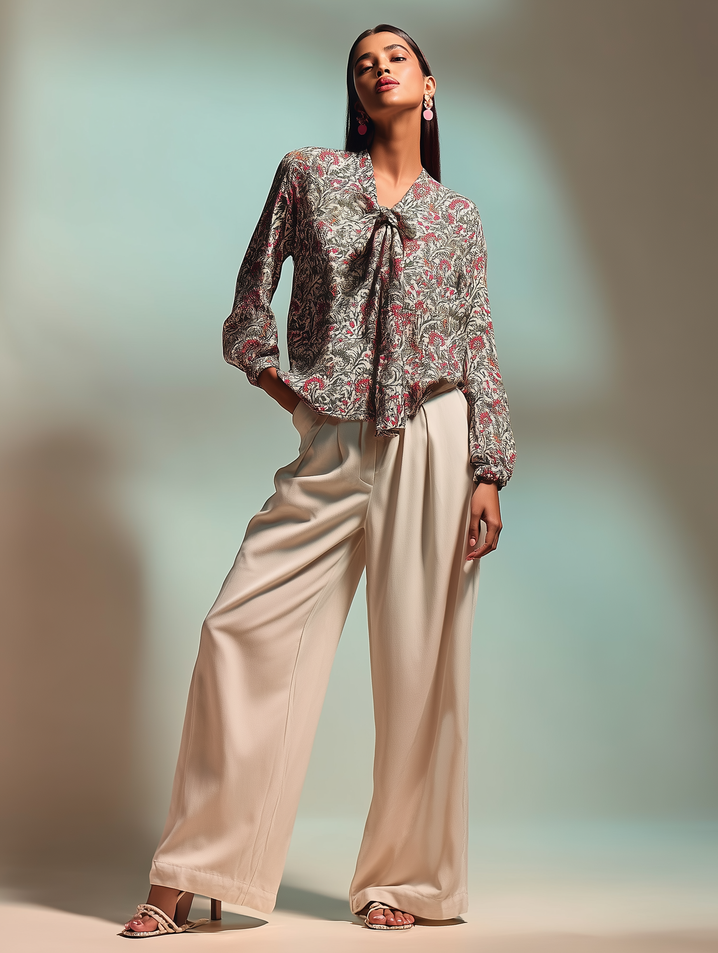 Damask Floral Print Bow Shirt