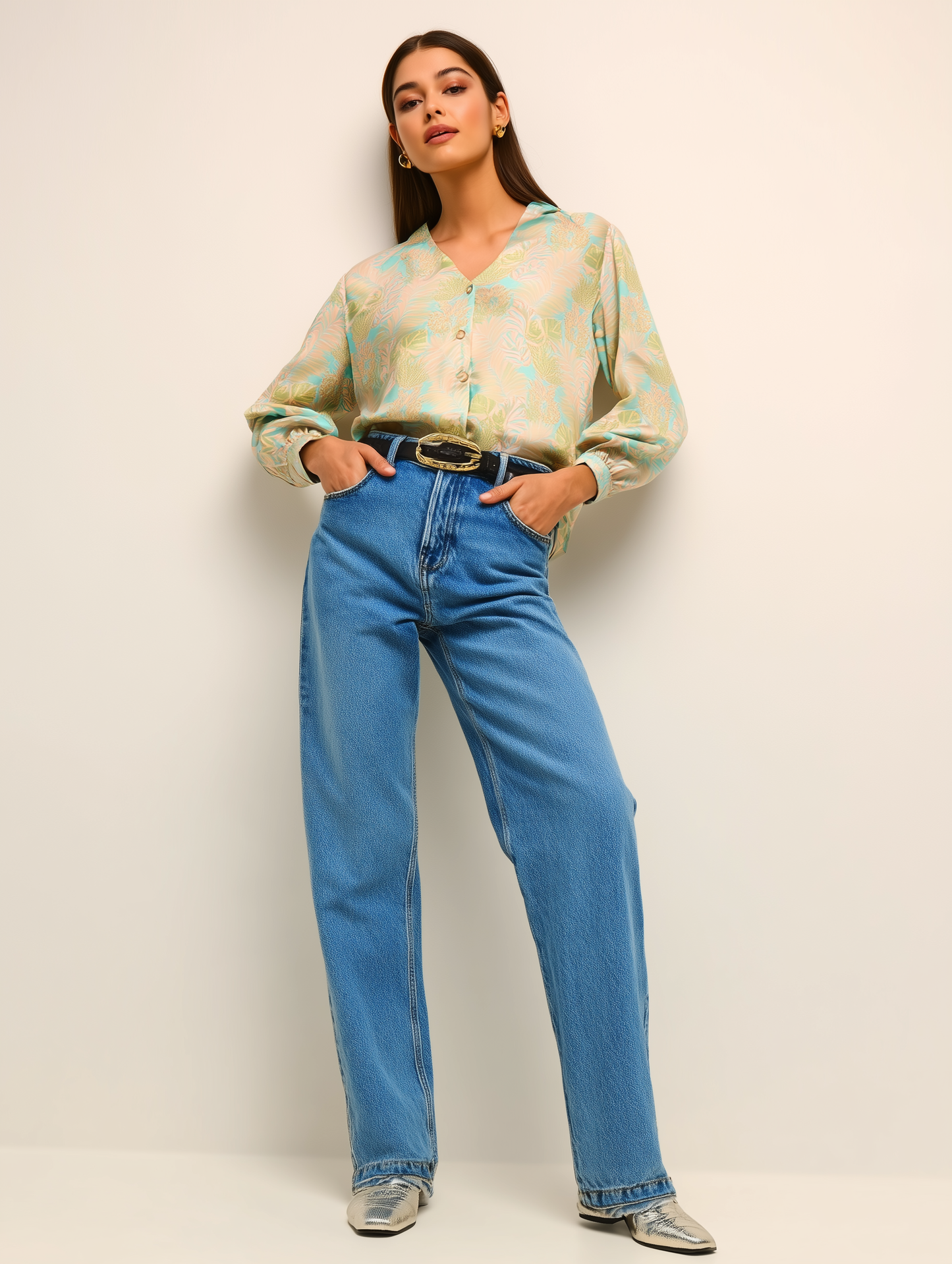 Bright Blue Leafy Print Shirt