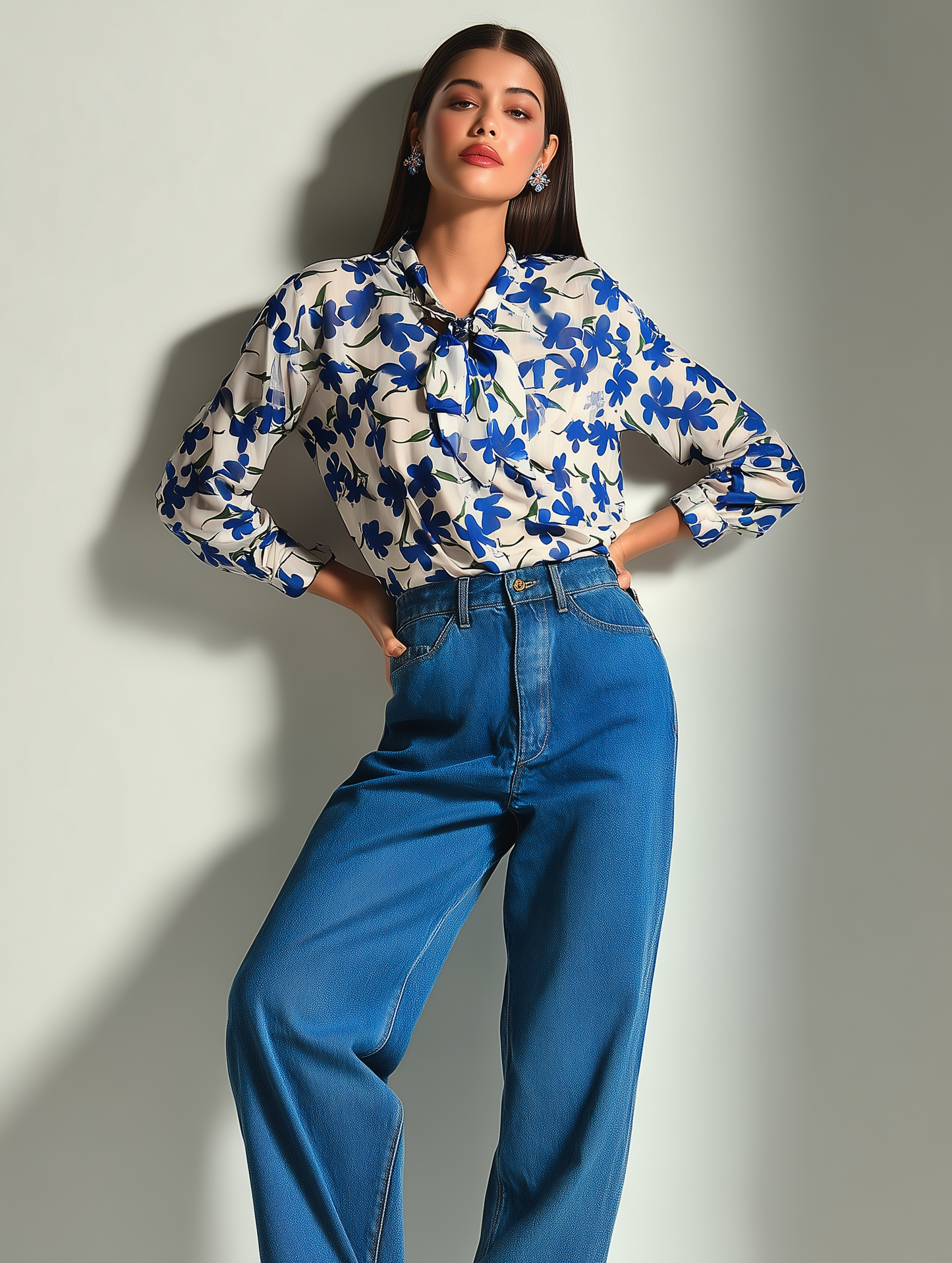 Blueberry Floral Print Bow Shirt