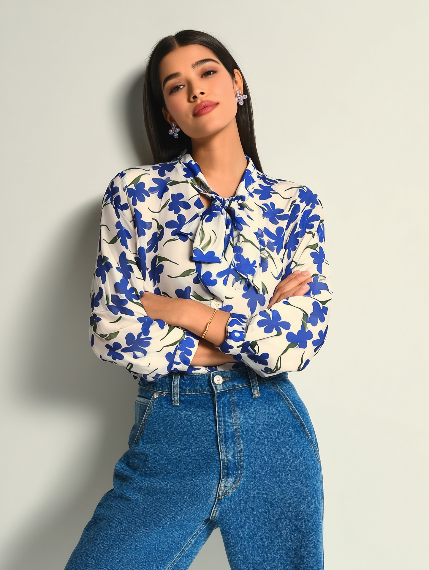 Blueberry Floral Print Bow Shirt