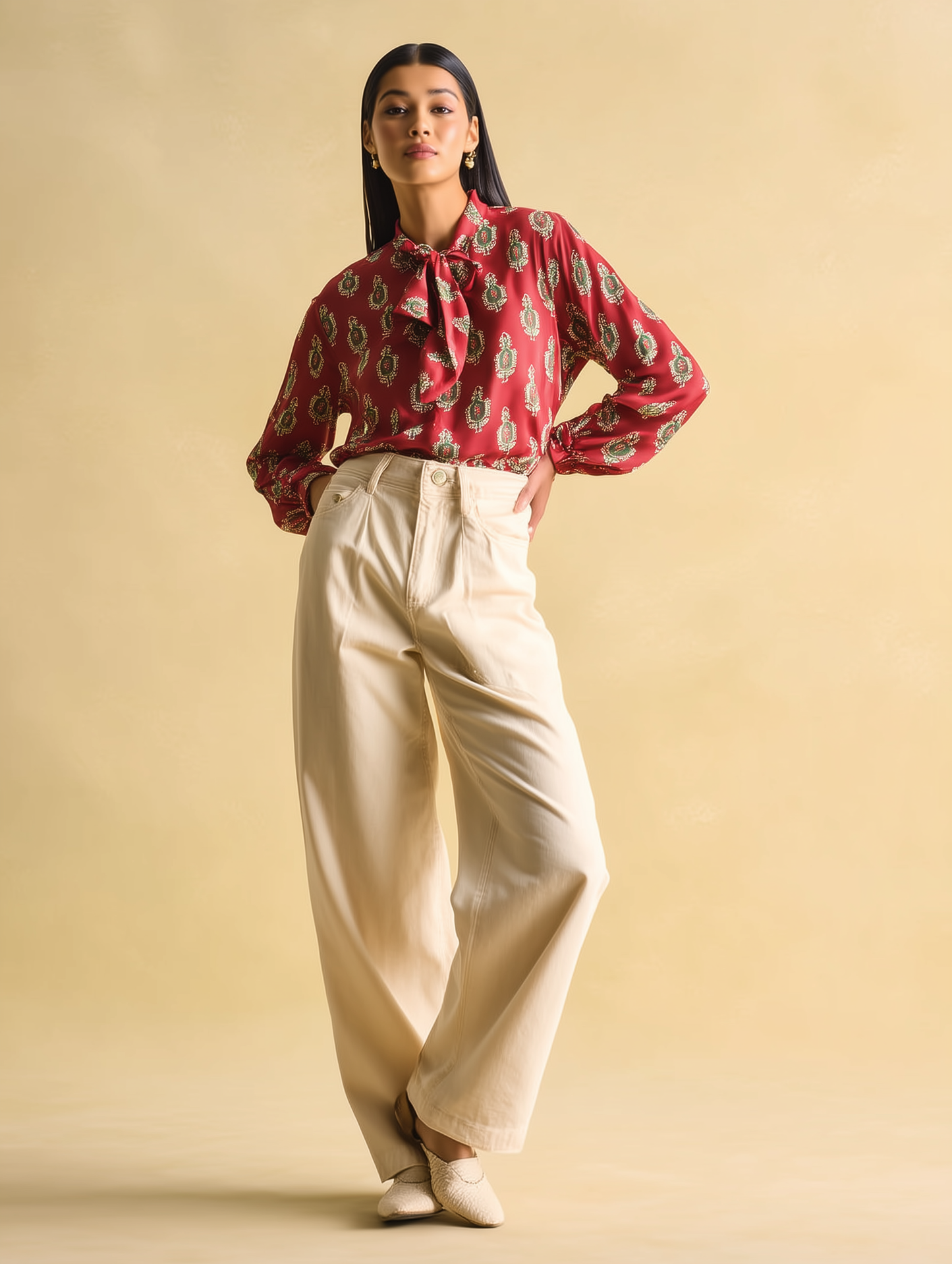 Cadmium Red Printed Bow Shirt