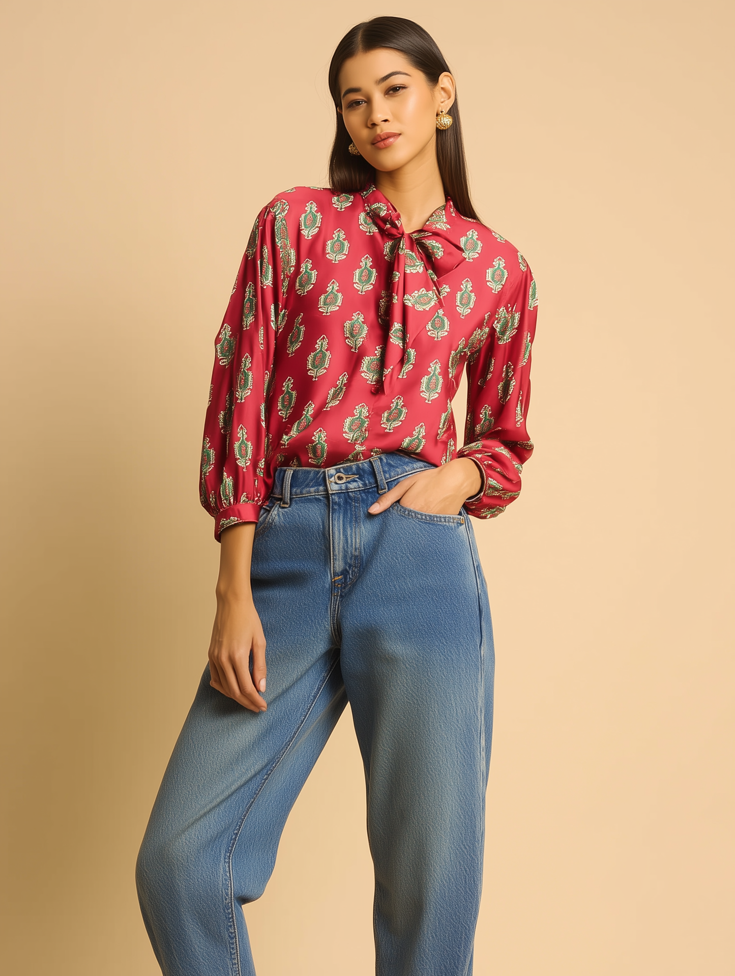 Cadmium Red Printed Bow Shirt
