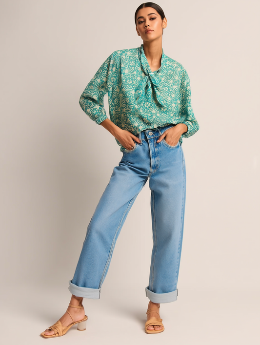 Green Damask Print Bow Shirt