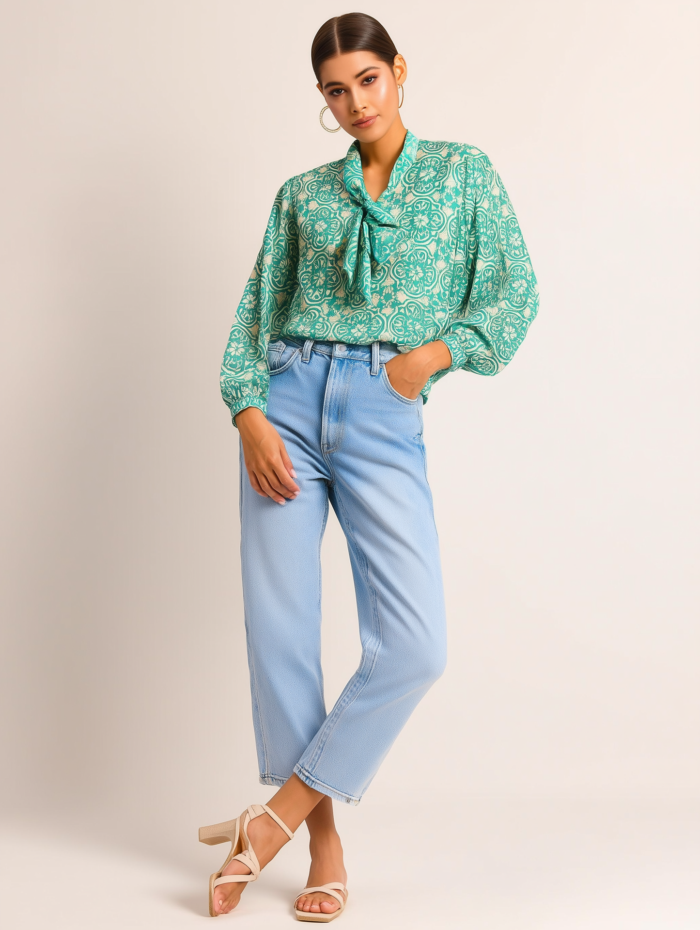 Green Damask Print Bow Shirt