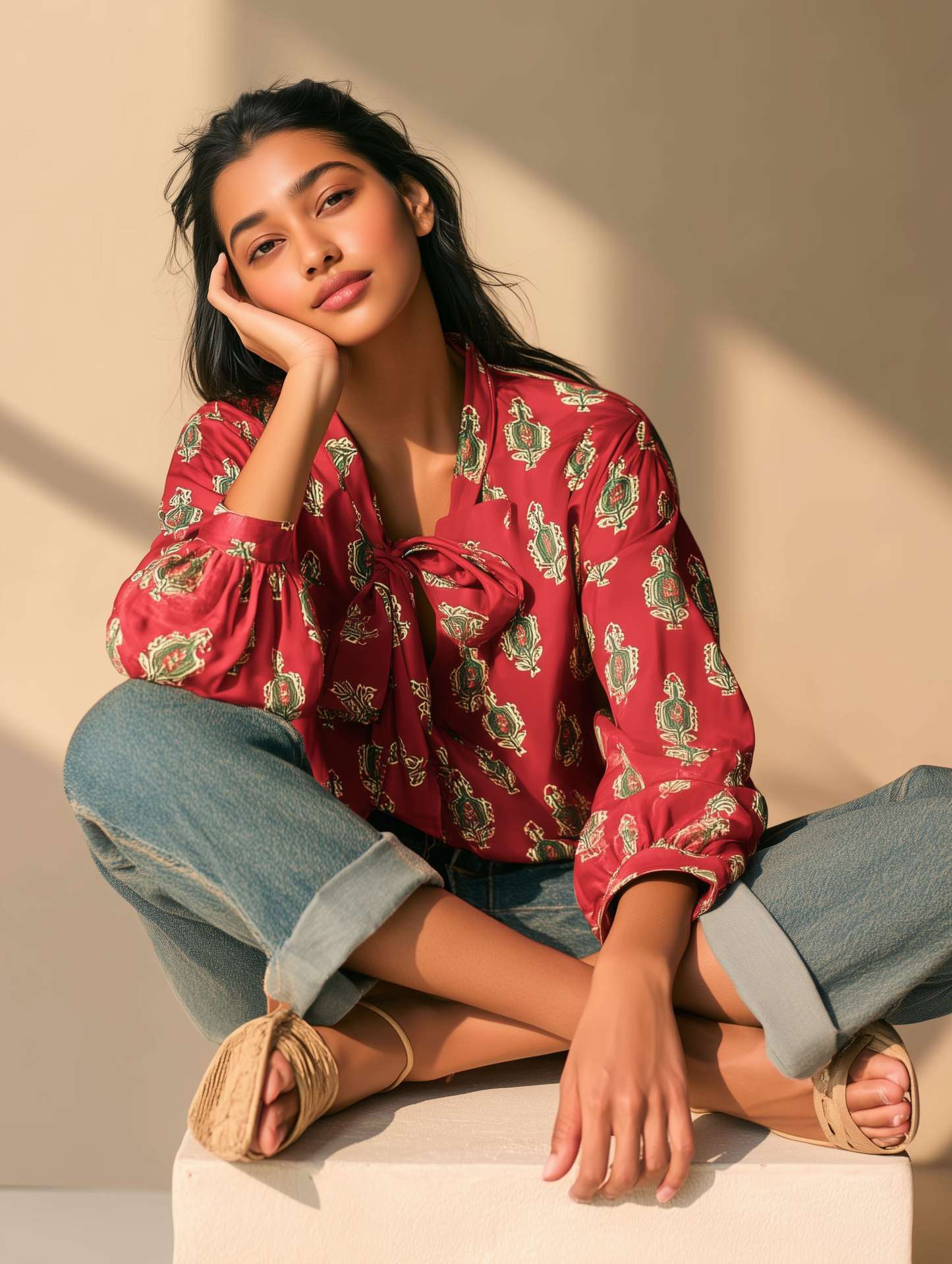 Cadmium Red Printed Bow Shirt