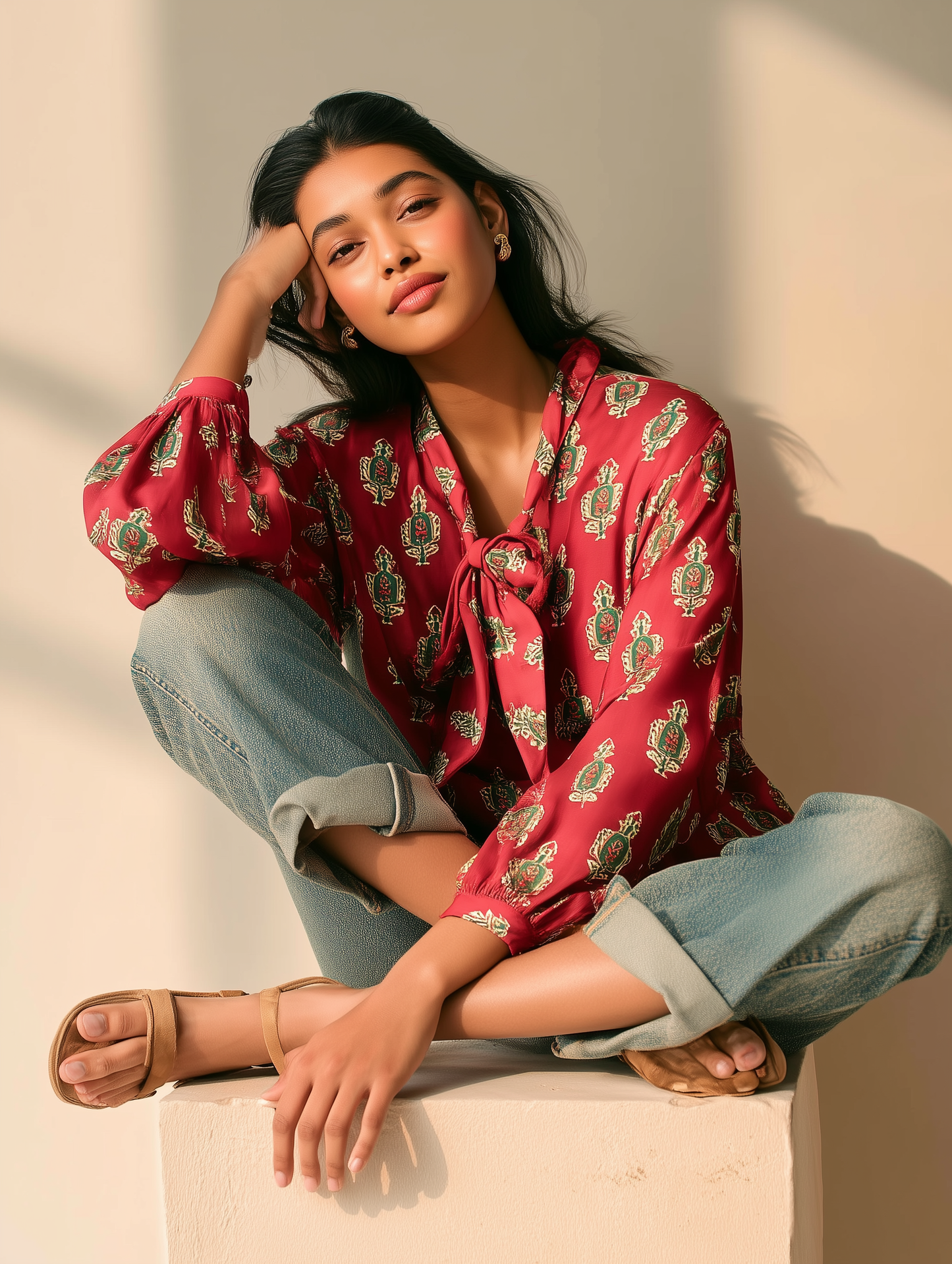 Cadmium Red Printed Bow Shirt