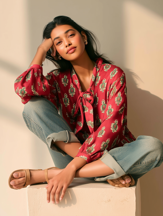 Cadmium Red Printed Bow Shirt