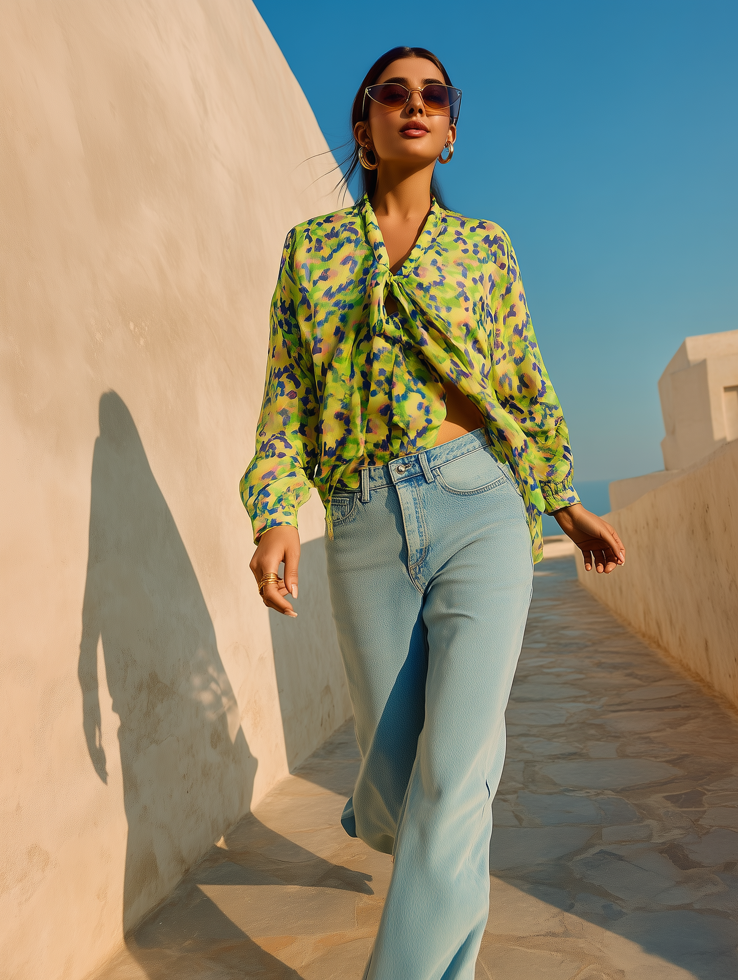 Yellow Petal Print Bow Shirt