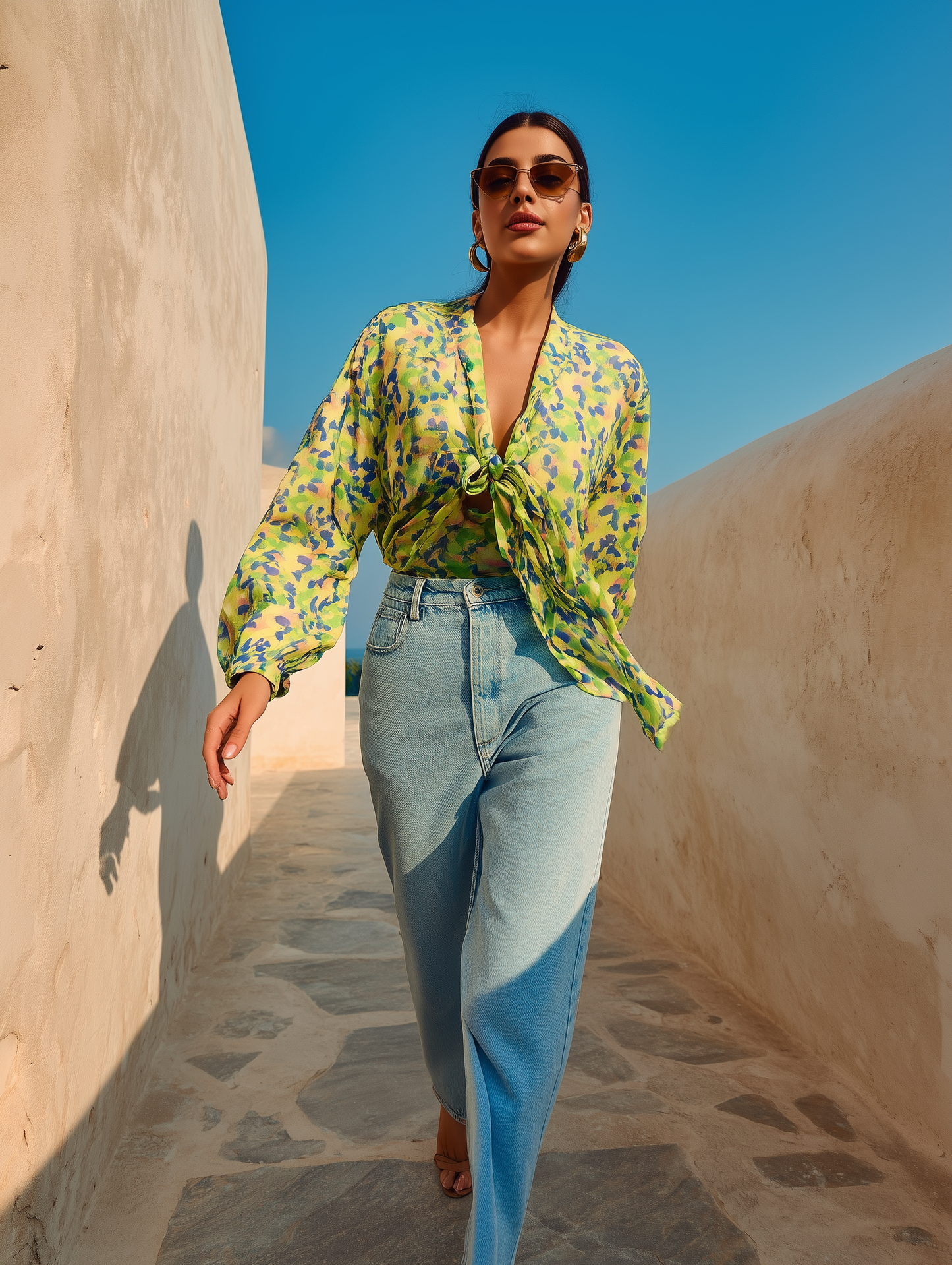 Yellow Petal Print Bow Shirt