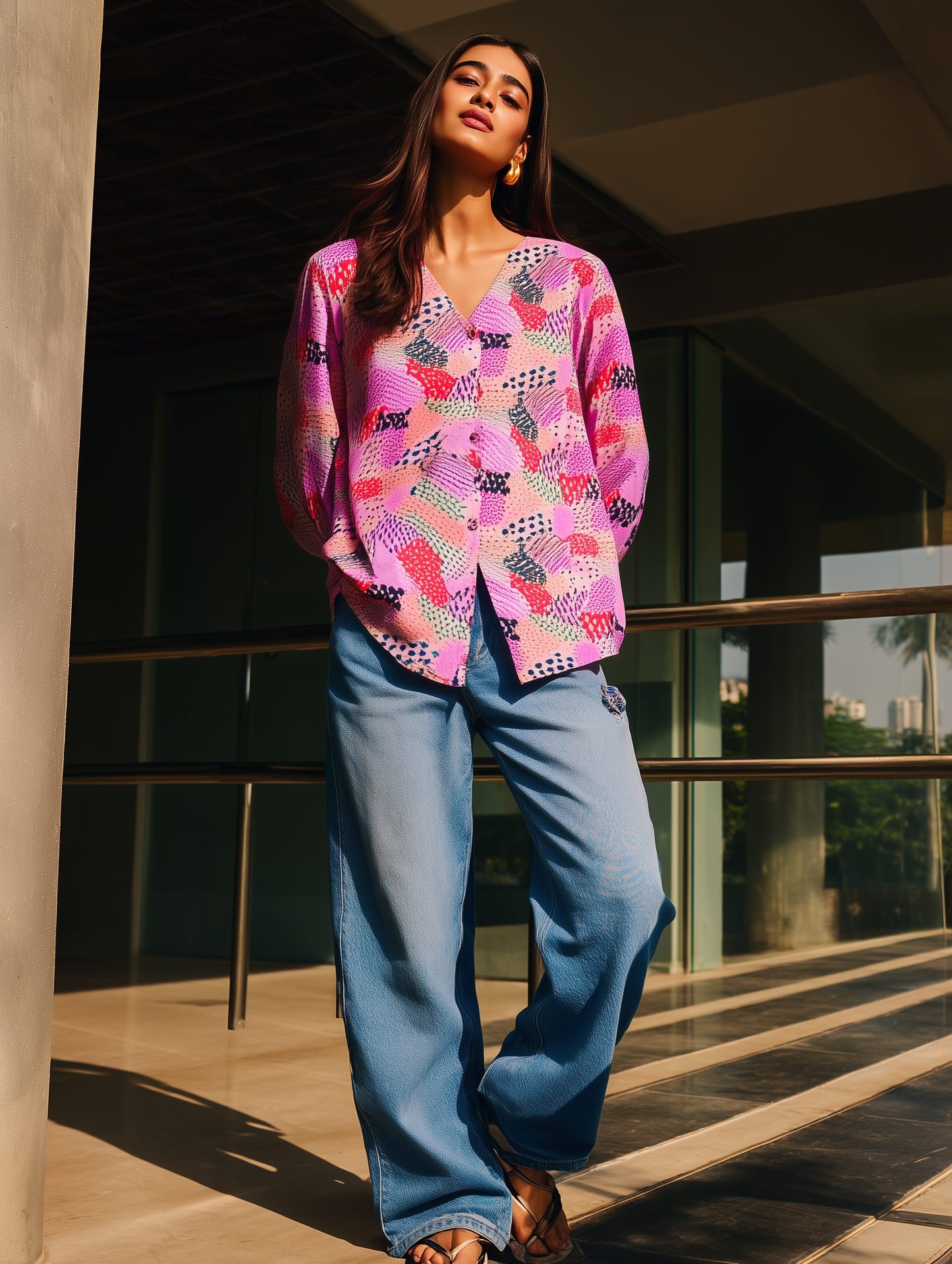 Lilac Printed V Neck Shirt